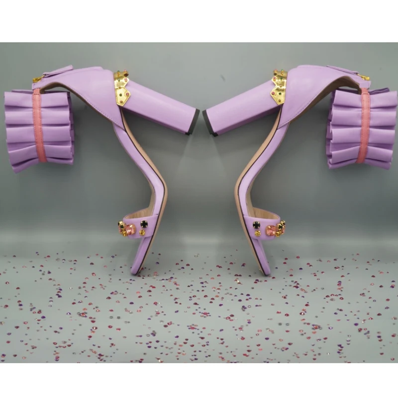Women Color Block Rhinestone Sandals Red Ruffle Ankle Cuff Chunky Heels Open Toe Zipper Party Pumps Fashion High Heel Shoes