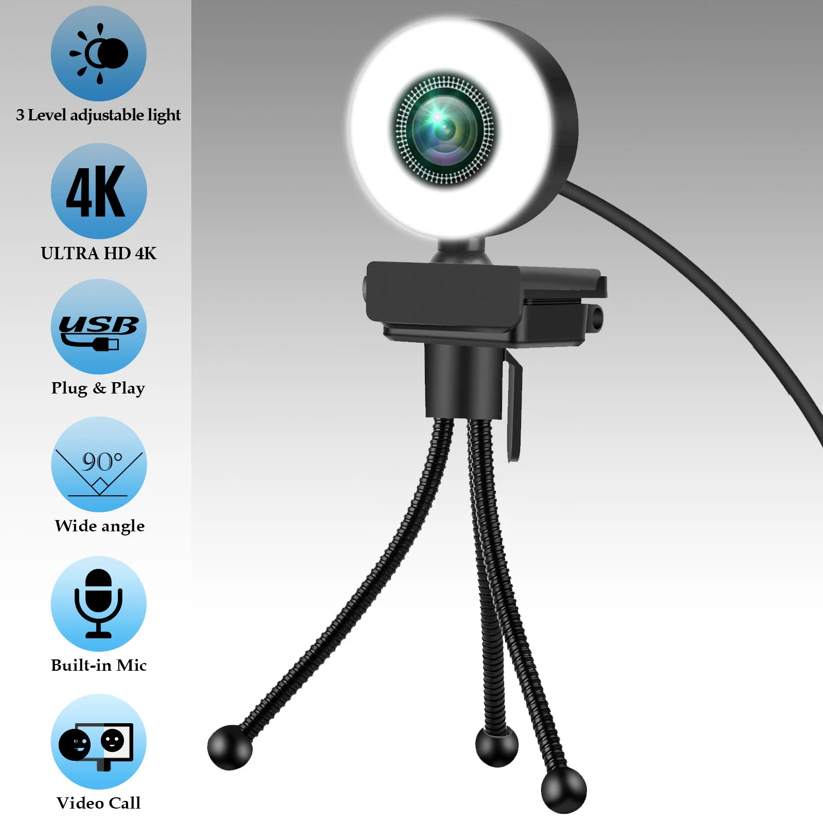 كاميرا ويب جديدة 2K بدقة 4K كاميرا ويب عالية الدقة مع ميكروفون LED ملء ضوء USB كاميرا ويب قابلة للتدوير للكمبيوتر الشخصي والكمبيوتر المحمول ليوتيوب