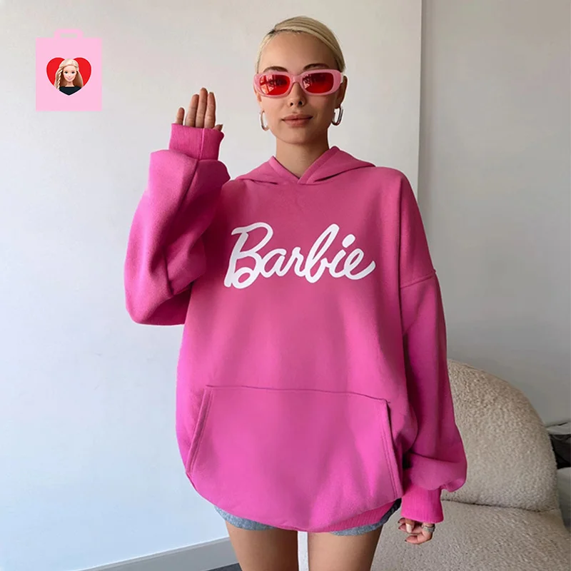 

kawaii Barbie Hoodie Warm cute Casual Pink Letter Printed Loose Hooded Sweatshirt Cute Women Clothing Top Coat Girls Gifts New