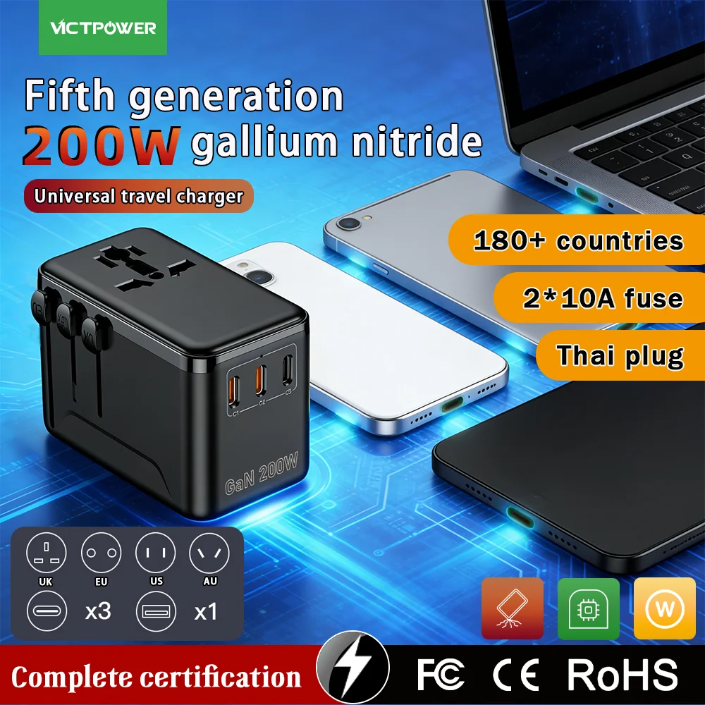 GaN200W Universal Travel Adapter with PD Fast Charging,8-Port(8AC/1USB-A/3USB-C)International Charger Adapter for EU/AUS/UK/US