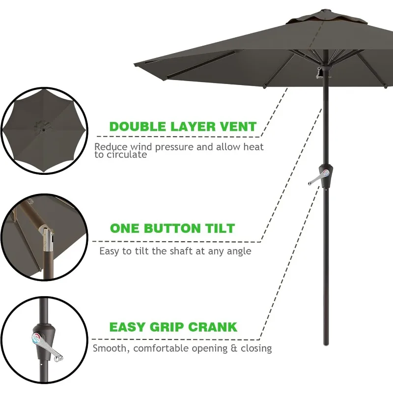 屋外用9フィートパティオパラソル、プッシュボタンチルトとクランク付き屋外テーブルパラソル、屋外パティオパラソル