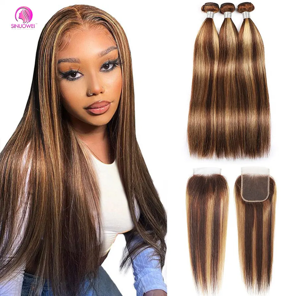 

Brazilian P4/27 Highlight Bundles With Closure 4x4 Transparent Lace Closure With Straight Bundles 3/4 Bundles Human Hair