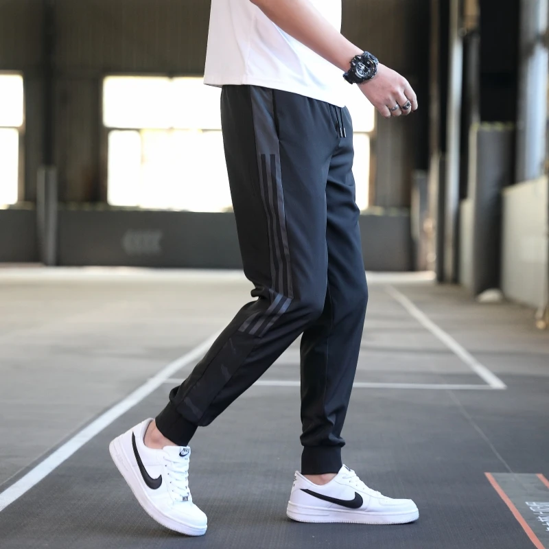 Spring Autumn Drawstring Men\'s Elastic Waist Solid Striped Pockets Printin Harlan Sports Trousers Fashion Casual Loose Pants