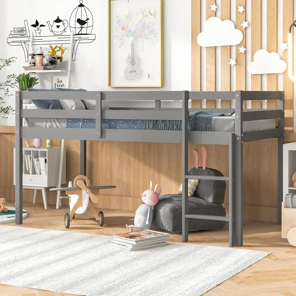 Twin Size Solid Wood Bed with Ladder and Guard Rails, Grey, No Box Spring Required, Easy Assembly for Kids