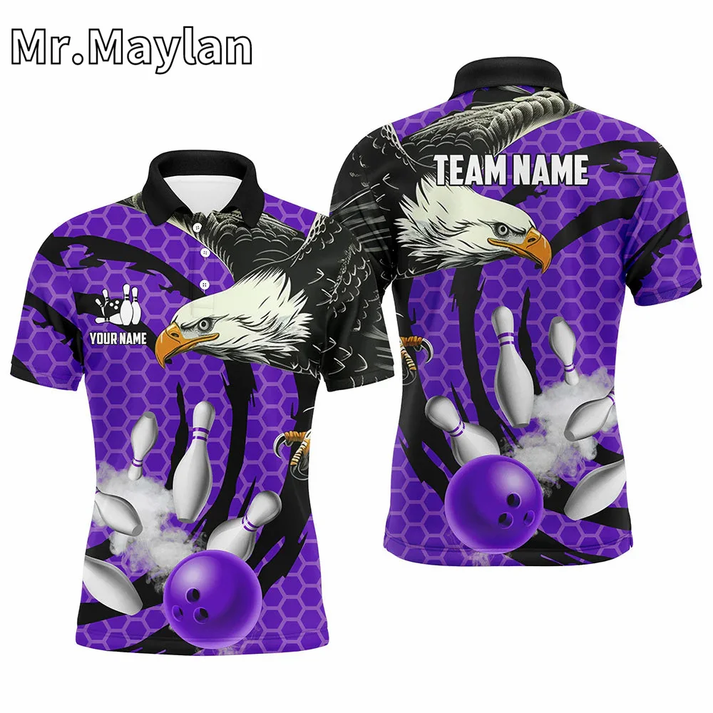 3D Eagle Bowling Ball And Pins Purple Camo Custom Men Bowling Polo Shirts Team Mens Bowling Jersey Gift For Bowlers Unisex Tops