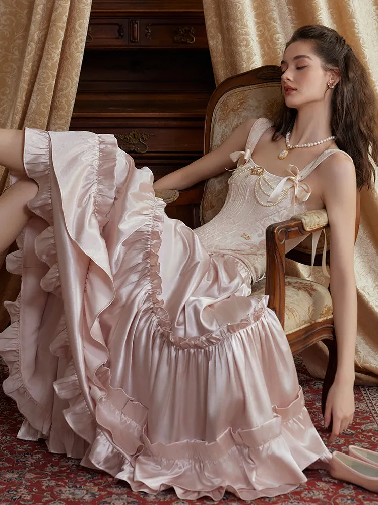 LaceMade Princess Fairy Pink France Palace Dobby Fishbone Tube Top and Ruffels Satin Long Skirt Set 2pcs Summer Dress Set