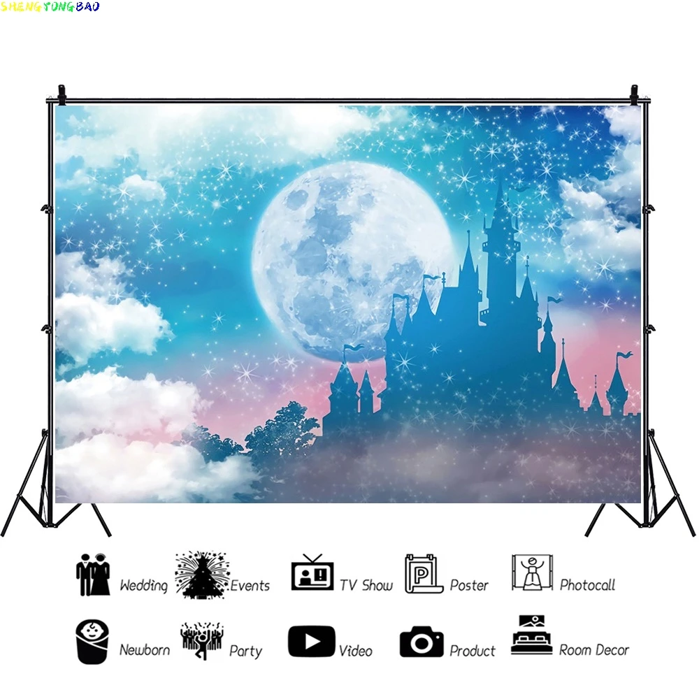 Baby Shower Backdrops Blue Sky White Clouds Moon Stars Castle Children Newborn Photography Backgrounds For Photo Studio