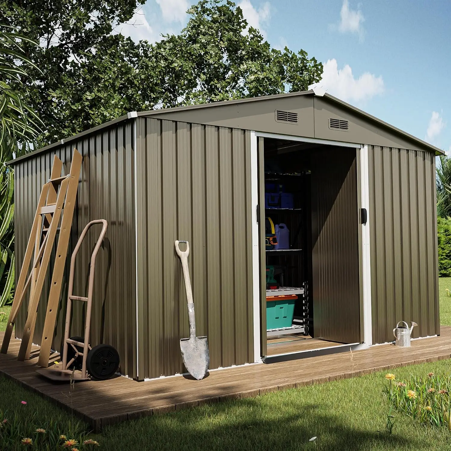 Cobertizo de almacenamiento al aire libre, puerta bloqueable impermeable, cobertizo de herramientas de Metal con puerta corredera y ventilación, sala de almacenamiento de herramientas de jardinería