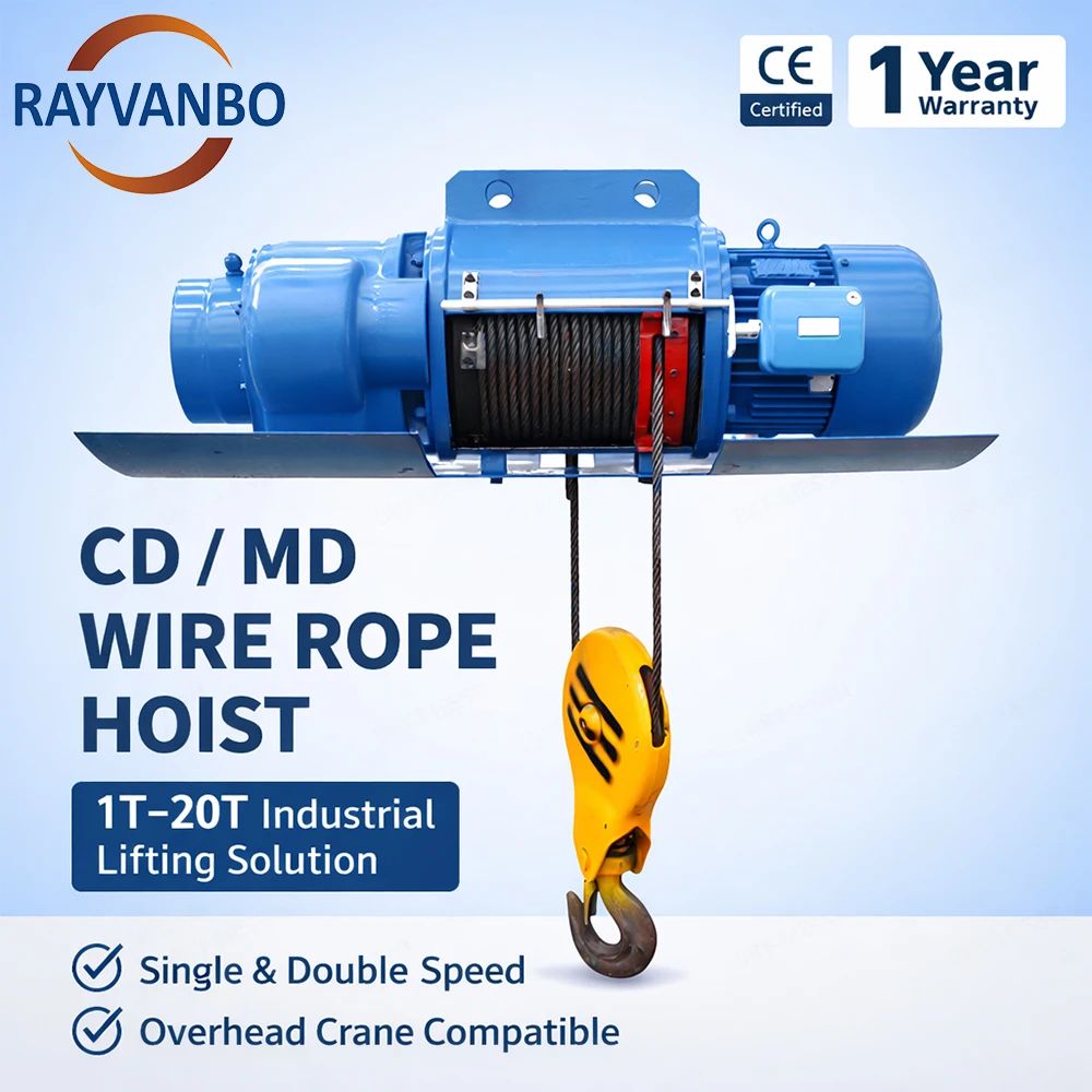 CD MD Electric Wire Rope Hoist 1 /2 /3 /5 /10 /20 Ton with Trolley for Single Girder Crane