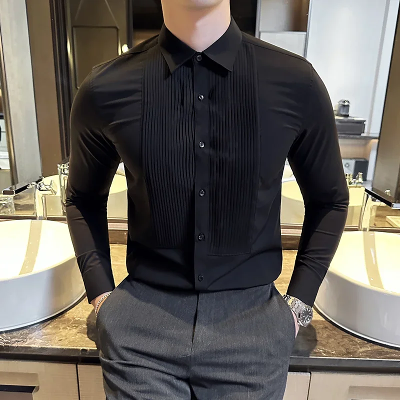 Wedding Party Wear Long Sleeved Men\'s Dress Shirts Korean Patchwork Design Slim Men Formal Shirt Fashion Brand Camisas De Hombre