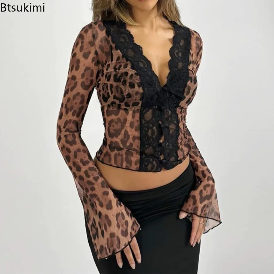 Women's Summer Hotsweet Style Lace Patchwork Leopard Long Sleeve Shirt Sexy Ladies Clubwear Birthday Evening Party Y2K Clothes