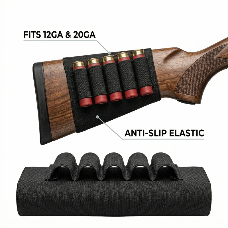 

5-Round Shotgun Shell Holder Buttstock Ammo Carrier Elastic Anti-Slip Pouch For 12GA 20GA Tactical Hunting Gear
