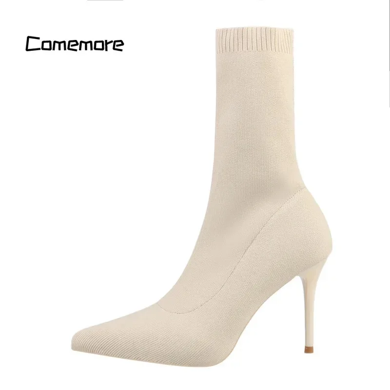 Comemore Fashion Shoes 2024 Knitting Stretch Boots Spring Autumn Ankle Boot Female Stiletto Sexy Sock Boots High Heels for Women