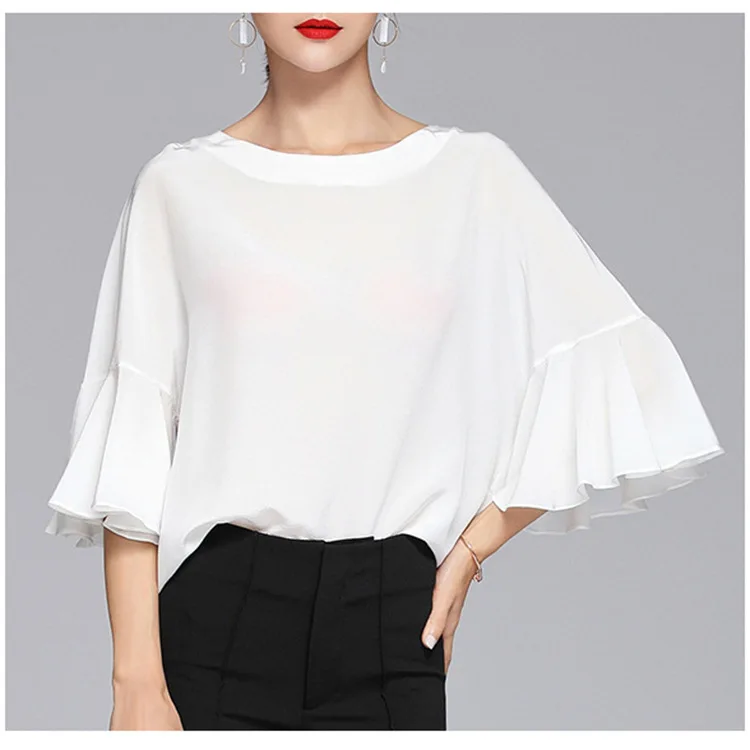 Birdsky, 1PC Women shirts blouse shirt Top loose flare sleeve O neck 22MM 100% mulberry silk White color. S-542