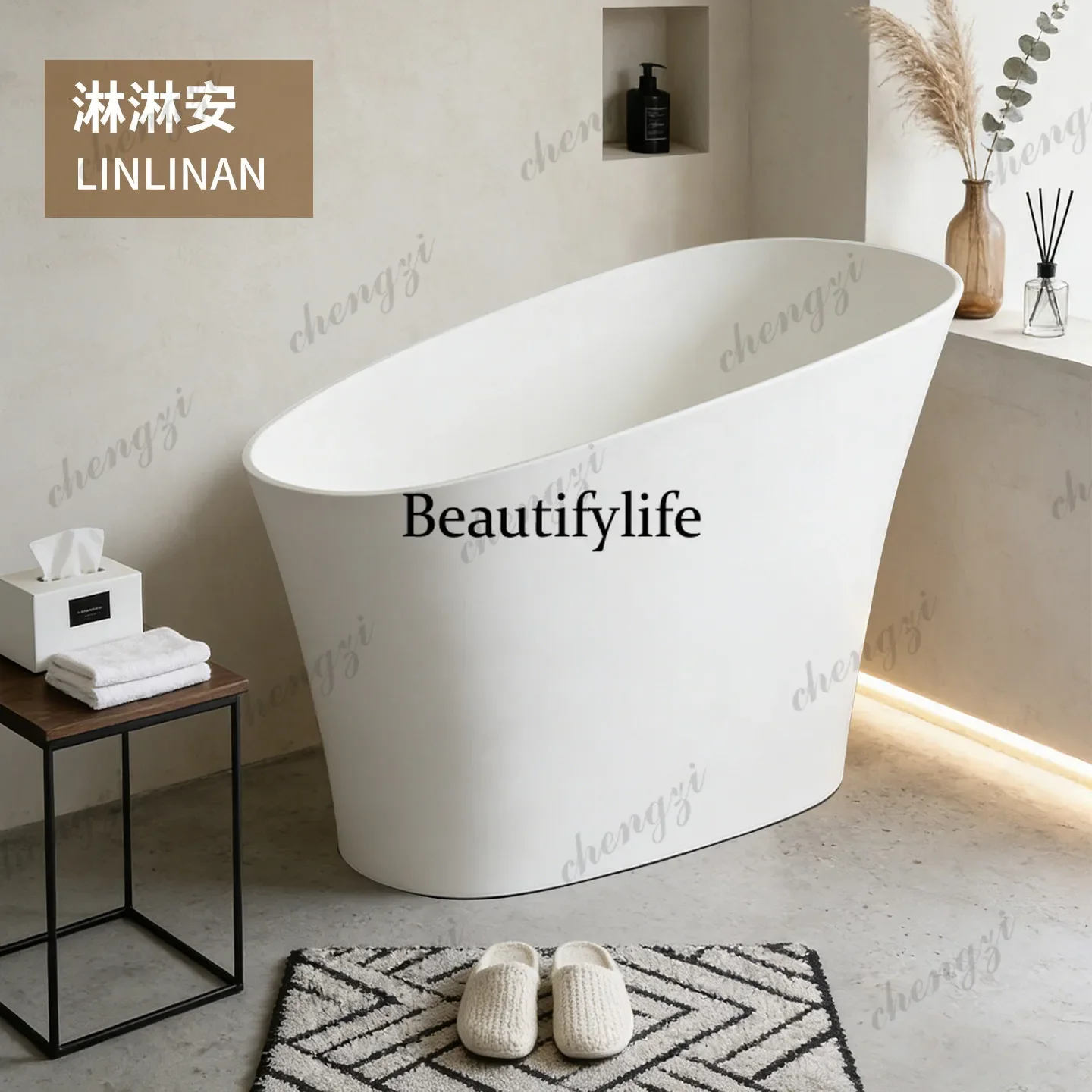 B56 Artificial stone bathtub Mini household independent individual homestay integrated molding oval deep bubble bathtub