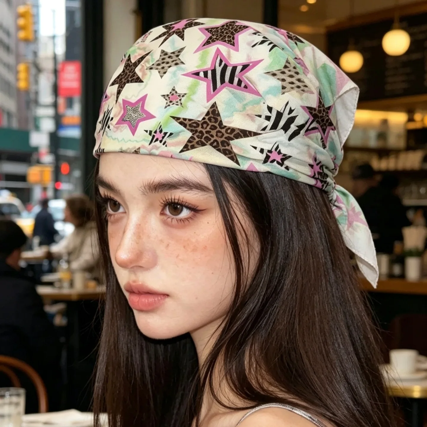Retro Sweet Y2k Print Turban All-match Star Printed Headscarf Headband Neckchief Small Square Scarf Vacation