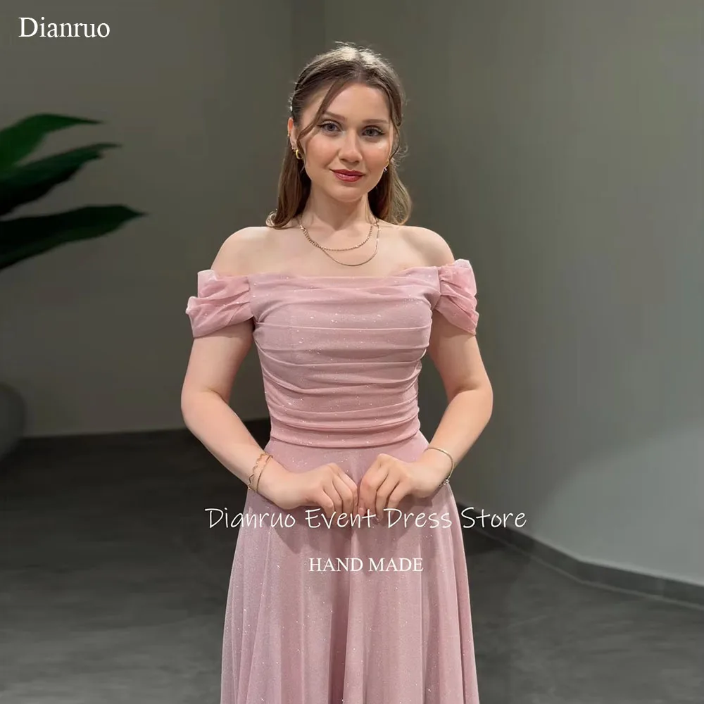 

Dianruo Ruched A Line Evening Dress Glitter Speckled Off Shoulder Tulle Robe D'été Femme Long Length Formal Prom Gown Customized