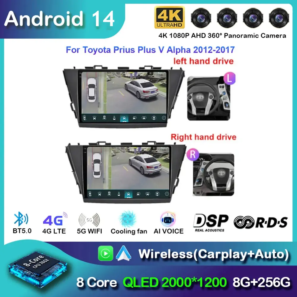 Android 14 Car Radio For Toyota Prius Plus V Alpha 2012-2017 Navigation 4G WIFI GPS DSP Carplay Multimedia Player Auto Stereo