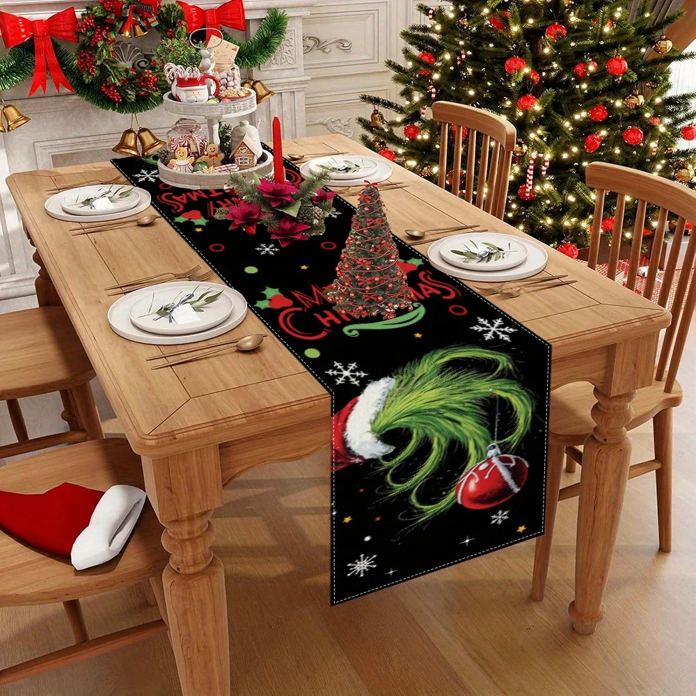 

Christmas Table Runner with Grinch, Snowflake & Merry Christmas Pattern, Multiple Sizes, for Christmas Home Decoration and Gifts