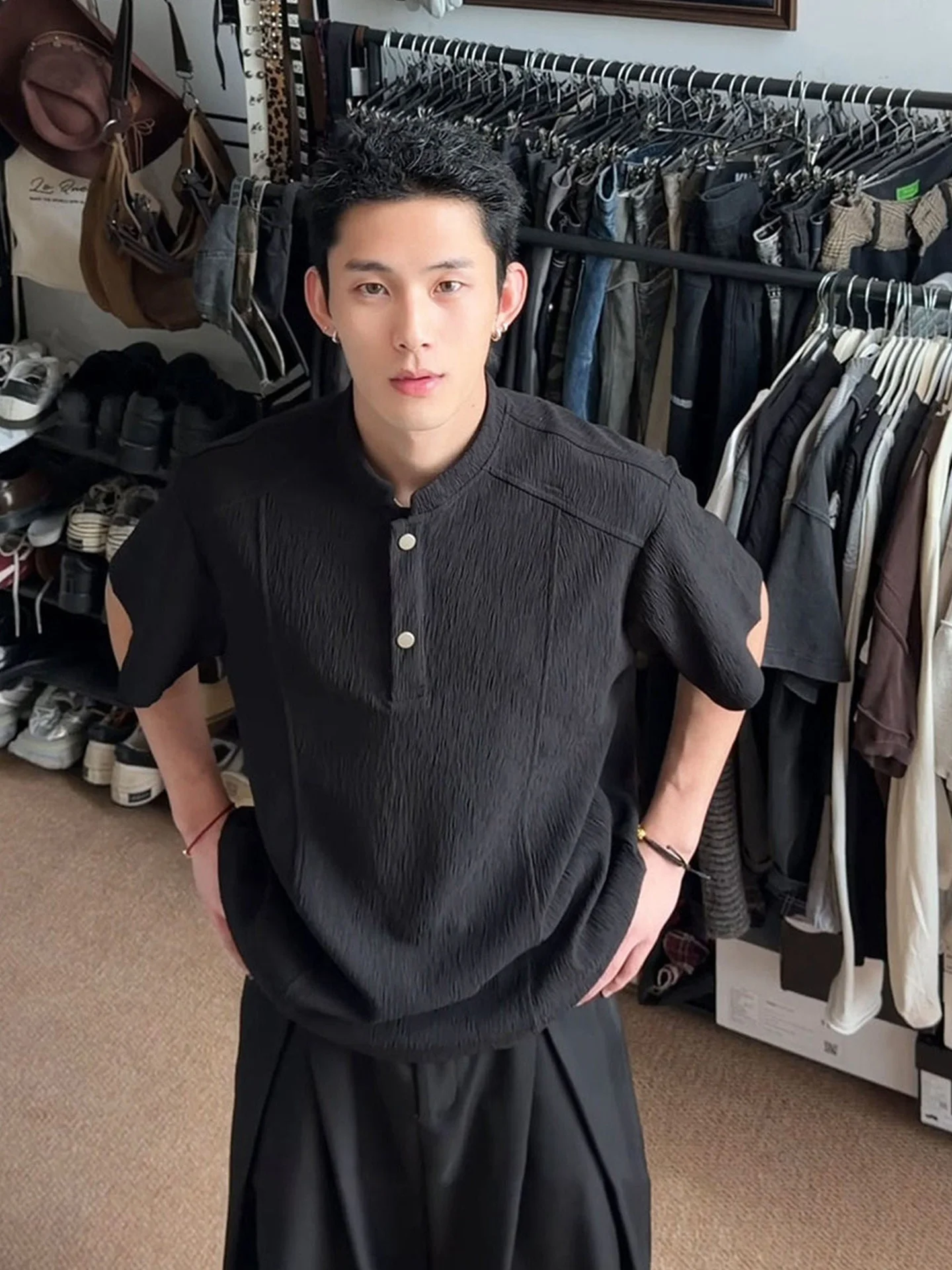 Cleanfit American Style Thin Ice Silk Short Sleeve T-Shirt Henry Collar Tree Bark Texture Men's Summer Breathable Comfortable