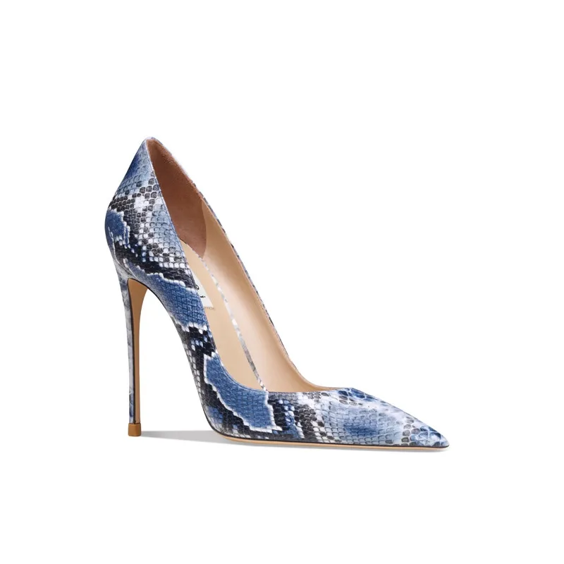 

Women Genuine Leather Summer Spring Pumps Blue High Heels with Snake Stripe Super Sexy Club Shoes Pointed Toe 10cm