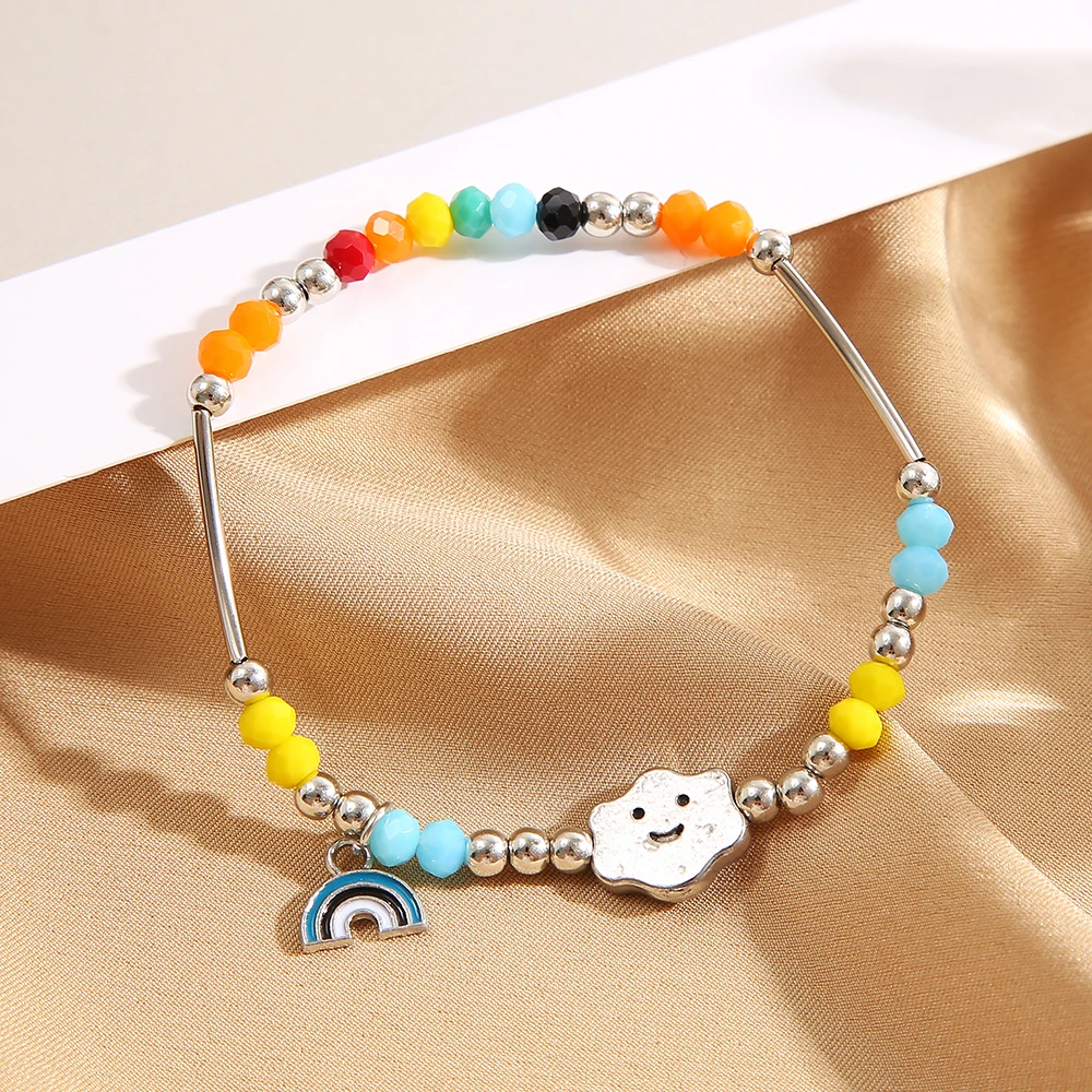 Boho Colorful Beaded Bracelets For Women Girls Cute Rainbow Smile Heart Elastic Chain Bracelet Trendy Jewelry Gifts Accessories