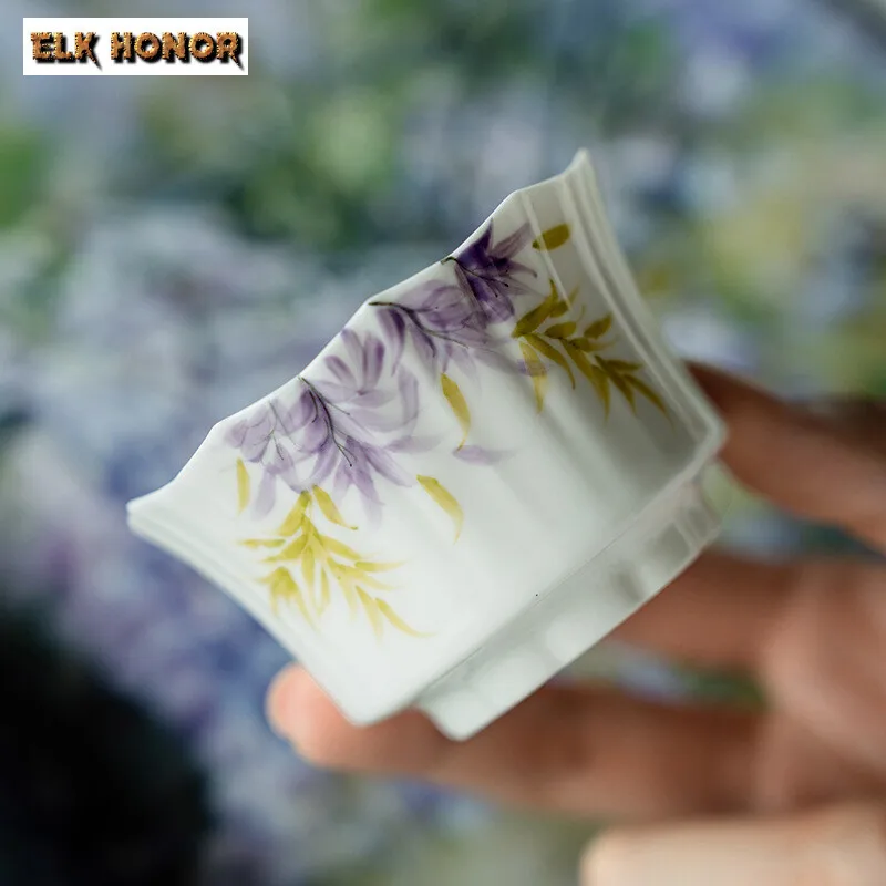 75ml Pure Hand-painted Wisteria Flower Ceramic Teacup Petal Tall Foot Cup Personal Master Cup Guest Tea Bowl Mug Kung Fu Teaware