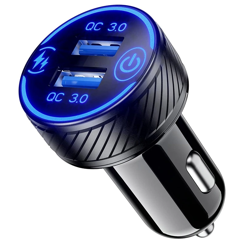 Car Charger, Fast Charge Car Charger Adapter, Dual QC3.0 Ports USB Car Phone Charger With Touch Switch And Blue LED