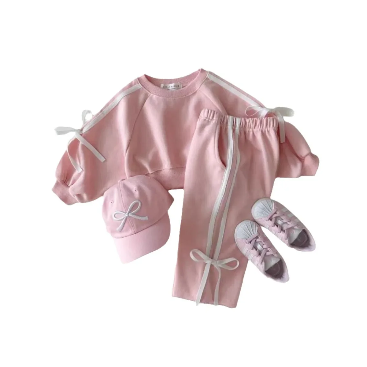 Childrens Sets Korean Long Sleeves Trousers Suit Autumn Sportswear Baby Girl Solid Cotton Bow Splicing Hoodie Two Piece Sets