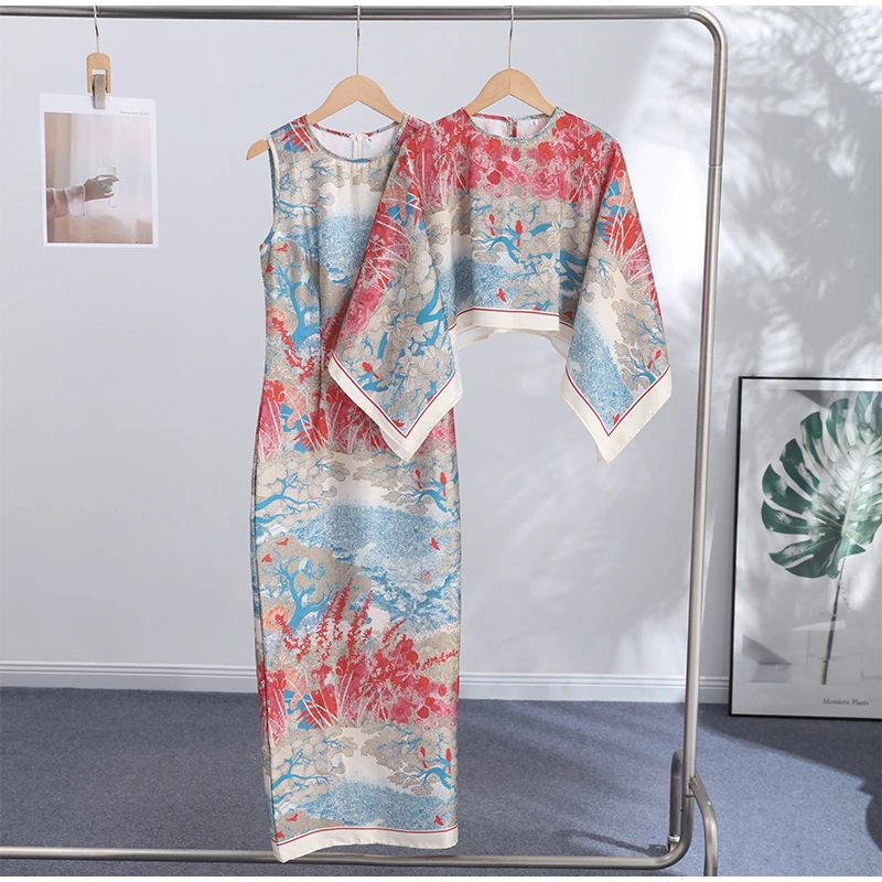 Women Tropical Leaf Print Cape Two Piece Set Batwing Loose Top High Waist Maxi Dress 2026 Summer Fashion Vacation Casual Suit