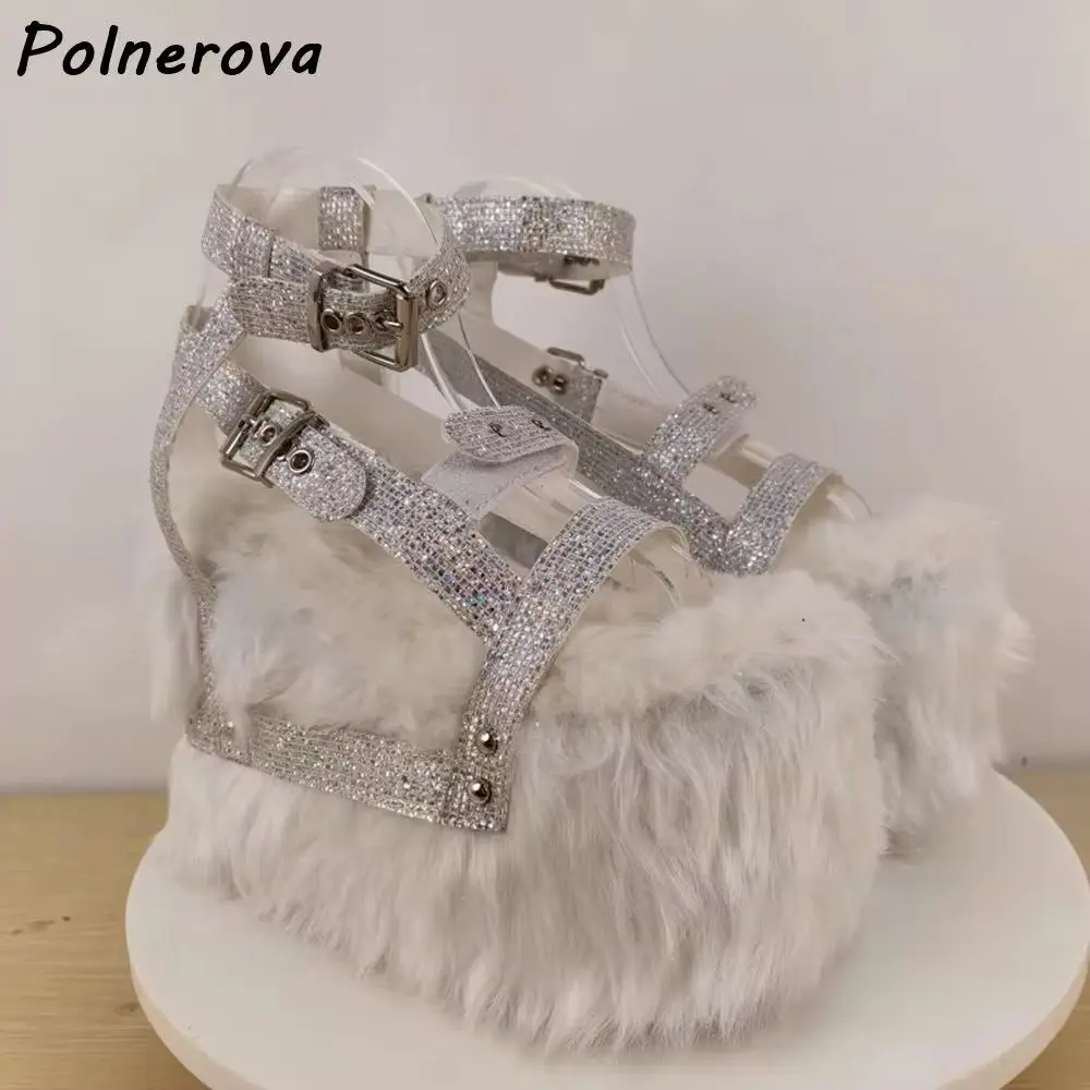 

White Silvery Furry Sandals Platform Bling Straight Strap Buckle Belt Round Toe Shoes Women's Summer High Increase Dress Shoes