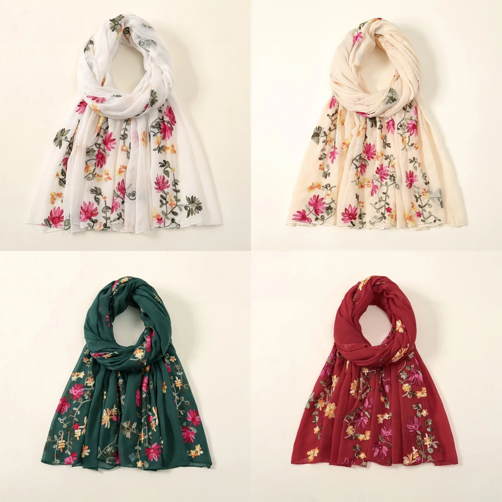 

Fashion Floral Embroidery Scarf Thin Elegant Headscarf Turban Bandana Spring Summer