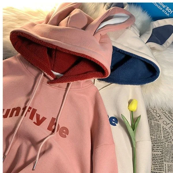 Autumn Winter New Korean Stylish Loose Hoodie Kawaii Rabbit Ear Hooded Clothing Women's Fashion INS Plush Top Pullovers Coat Y2k