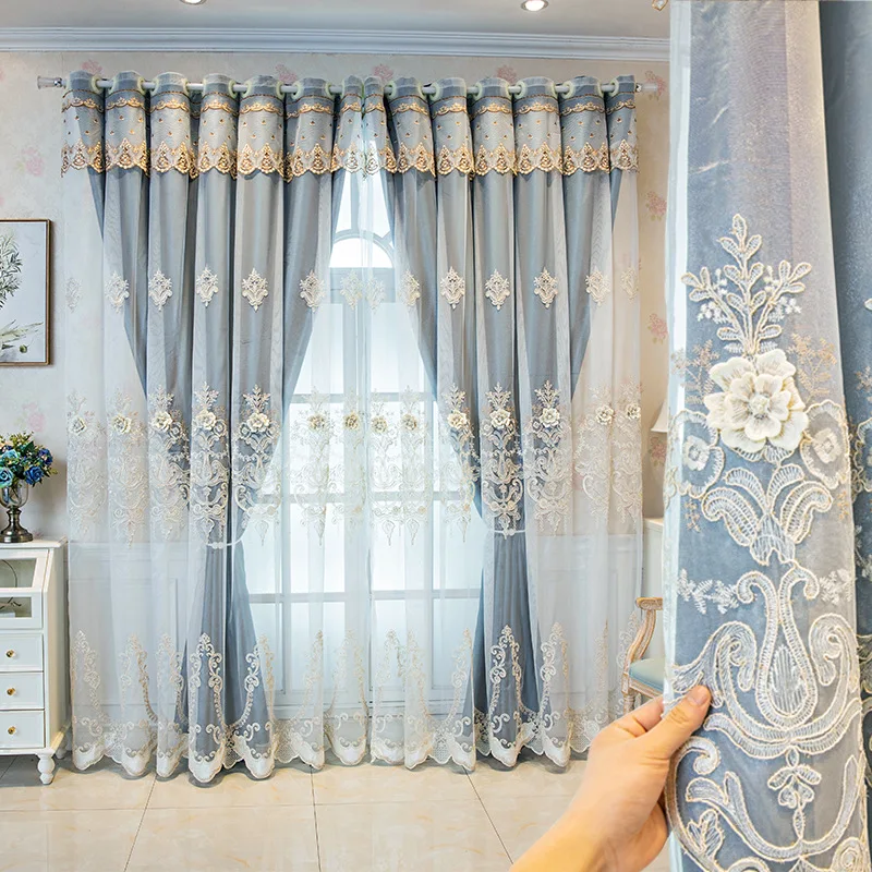 ヨーロッパの高級二層遮光カーテン寝室の窓レリーフ刺繍花布カーテン + ボイルカーテン家の装飾