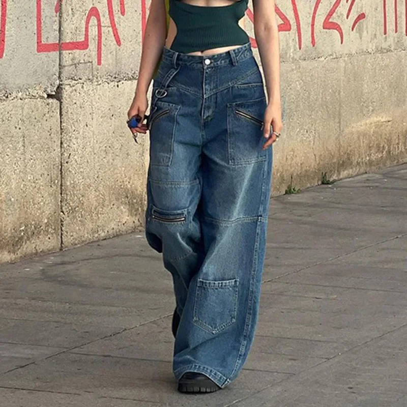 

Zipper Distressed Loose Jeans for Women 2023 Autumn New Ribbon Asymmetrical Pockets High Waist Wide Leg Pants Streetwear