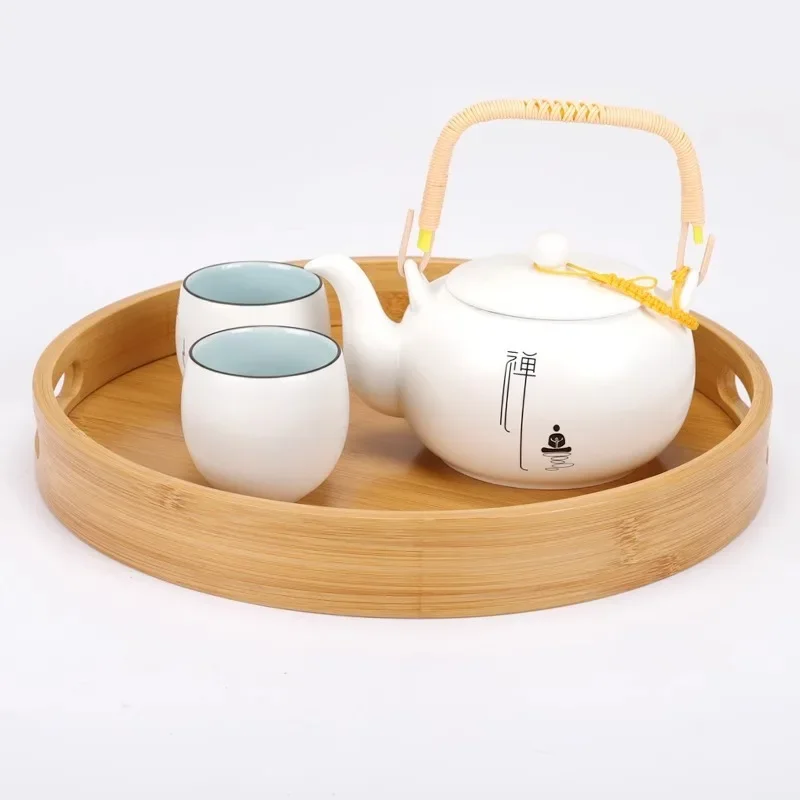 Chinese Style Circular Double Ear Bamboo Tea Tray Living Room Household Bamboo Tray Water Fixture Water Cup Tray