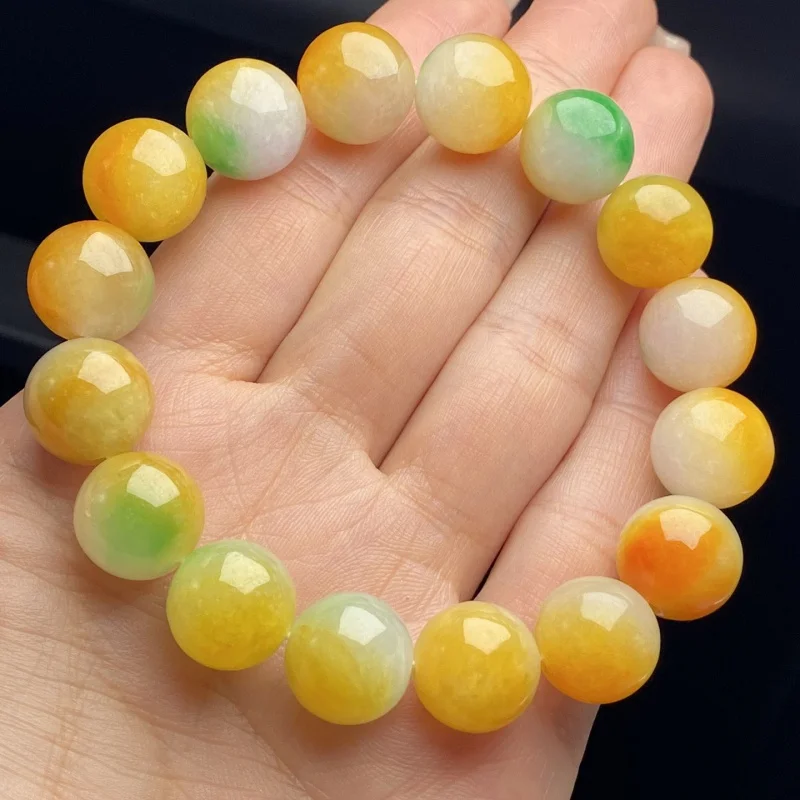 Myanmar Natural Emerald Waxy Colorful White Background Yellow Floating Green Circle Beads Jade Bracelet