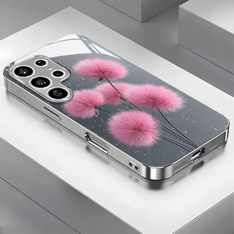 Simple Water Drop Dandelion Electroplated Silver Tempered Glass Phone Case for Samsung Galaxy S26/S25/S24/S23/S22/S21/S20 cover
