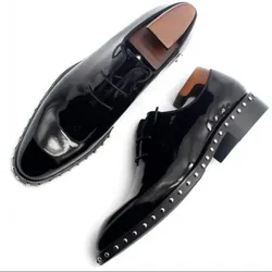 Handmade Genuine Leather Black Rivets Men Shoes Fashion Lace up Cow Male Wedding Dress Shoe