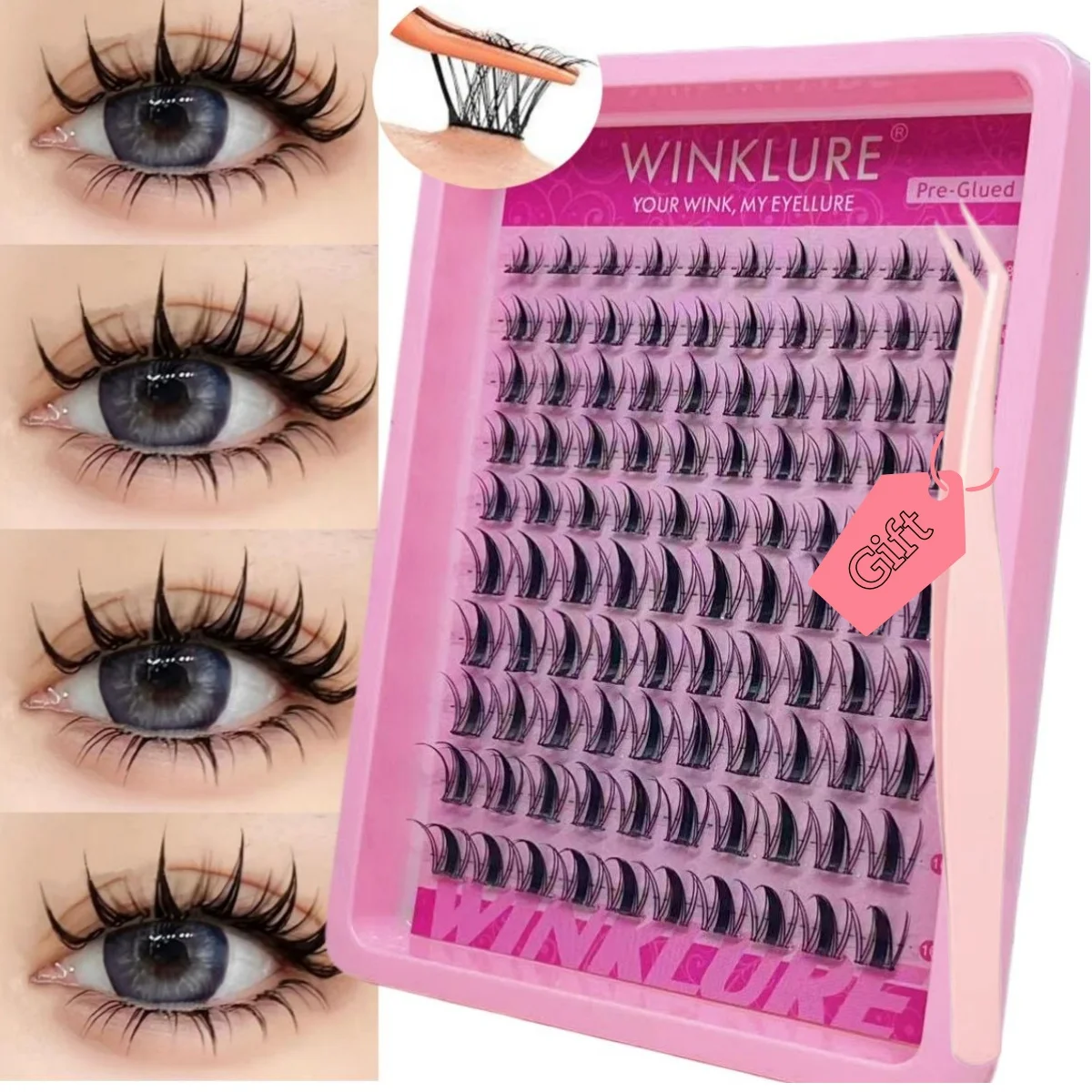 WINKLURE Selbstklebende Wimpern-Cluster, kein Kleber nötig, Wimpern-Cluster zum Aufdrücken mit Antihaft-Pinzette