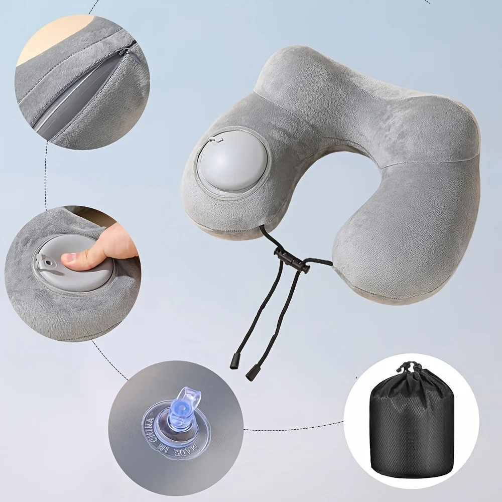 1 Press Type Inflatable Pillow U-Shaped Pillow, Foldable U-Shaped Double Hump Neck Pillow, Portable Outdoor Travel Pillow