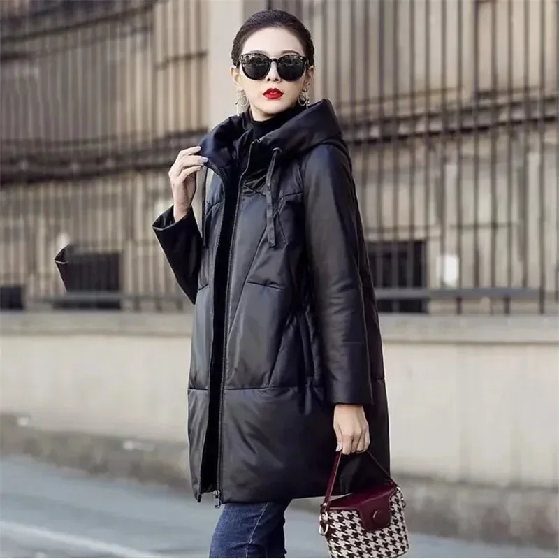 Thicken Snow Parkas Women's Warm Hooded PU Leather Jacket Black Loose Long Coat Windproof Female Cotton Leather Overcoat A310