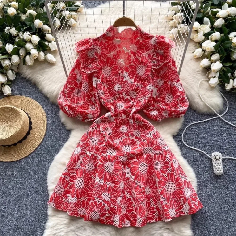 Retro V Neck Lantern Short Sleeves Embroidered Print Elegant Summer Slim Dresses A-line French Vacation Print Women Clothing