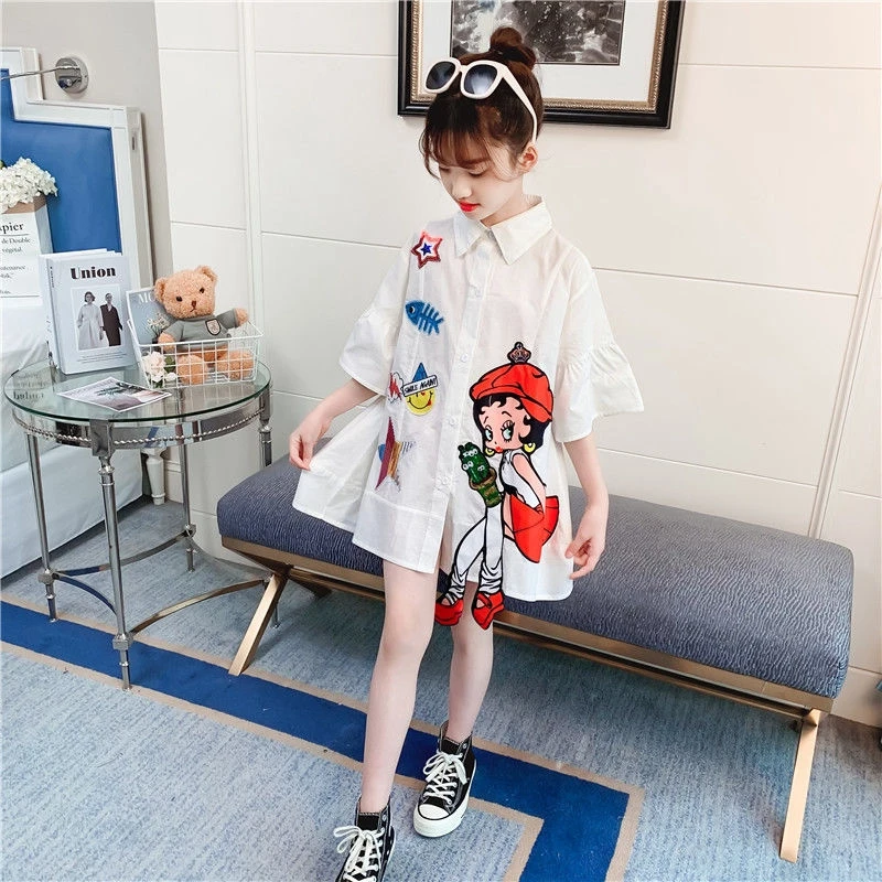 Sequins Kids girls Shirts dress Teenagers Summer Tops Long Shirts for Girls 2023 Teen White Blouse 6 8 10 12 14 Years Clothes