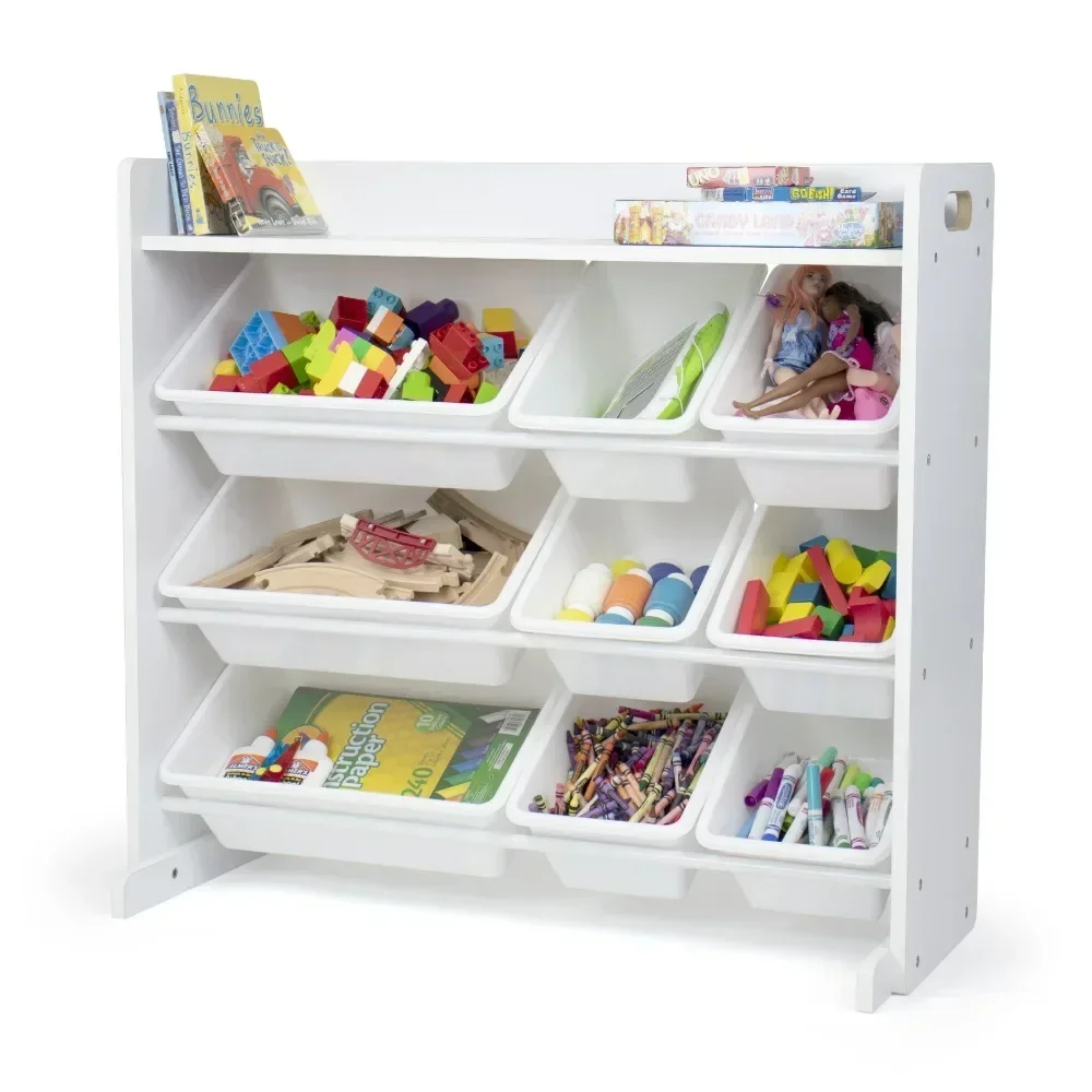 Toy Storage Organizer with Shelf and 9 Storage Bins, White