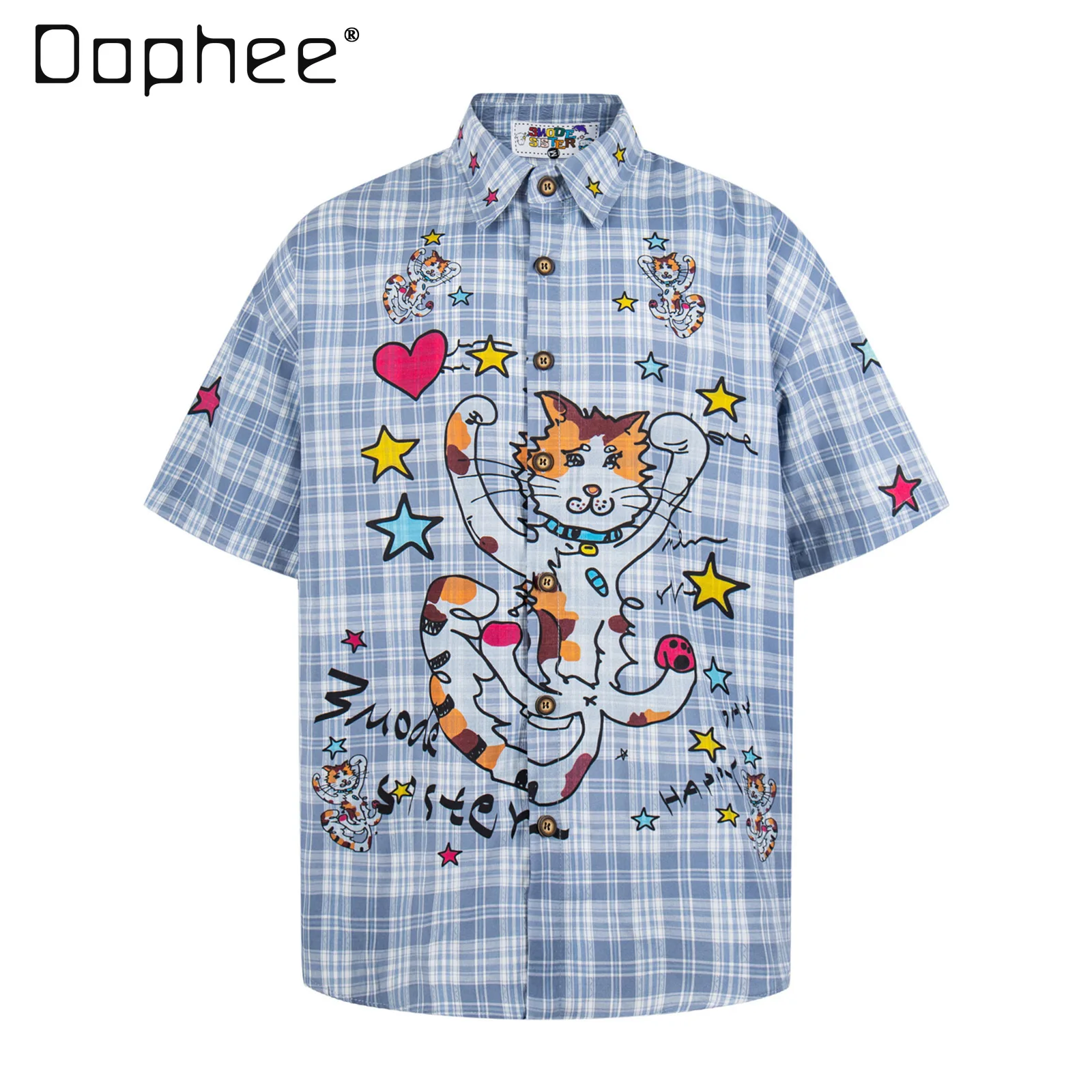 

American Retro Style Fun Cat Print Plaid Short-sleeve Shirt for Men and Women Couple's Summer Loose-fitting Design Top
