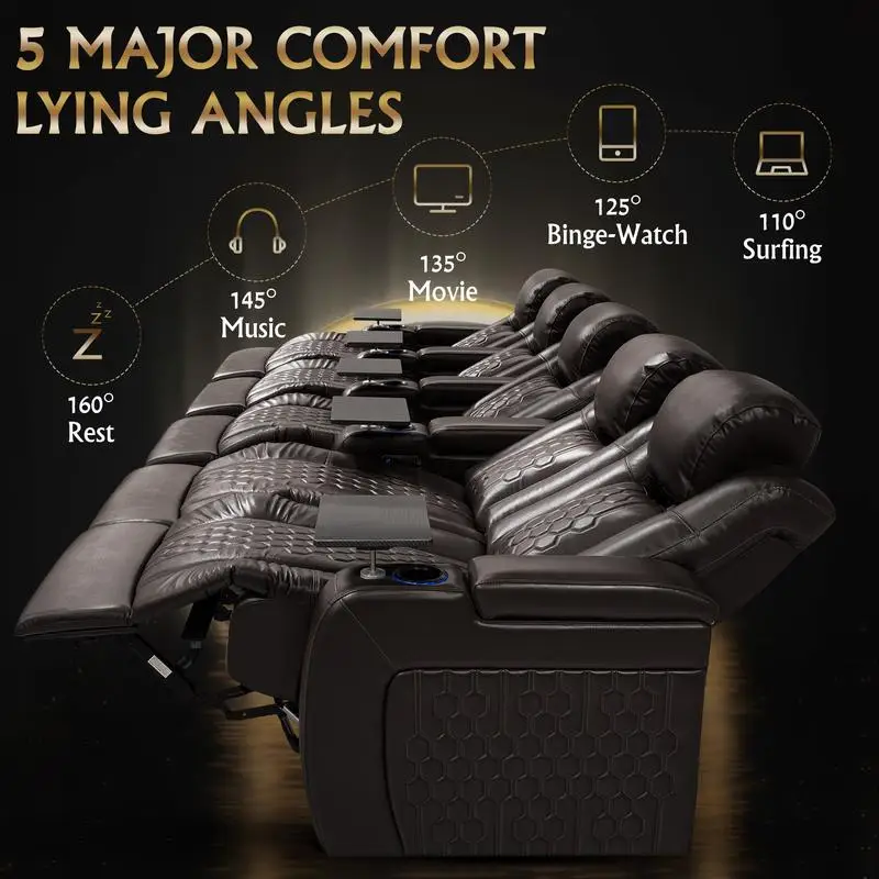 Sillón reclinable eléctrico de 155,5 ", 5 unidades, cuero de grano superior, relajación totalmente ajustable, carga inteligente, iluminación LED RGB, Color café
