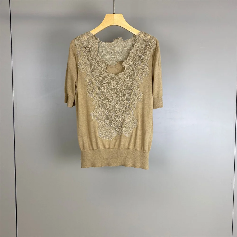 2026 Spring/Summer New Silk Wool Lace Patchwork Knitted Short-Sleeve Top Stylish Commuters for Women