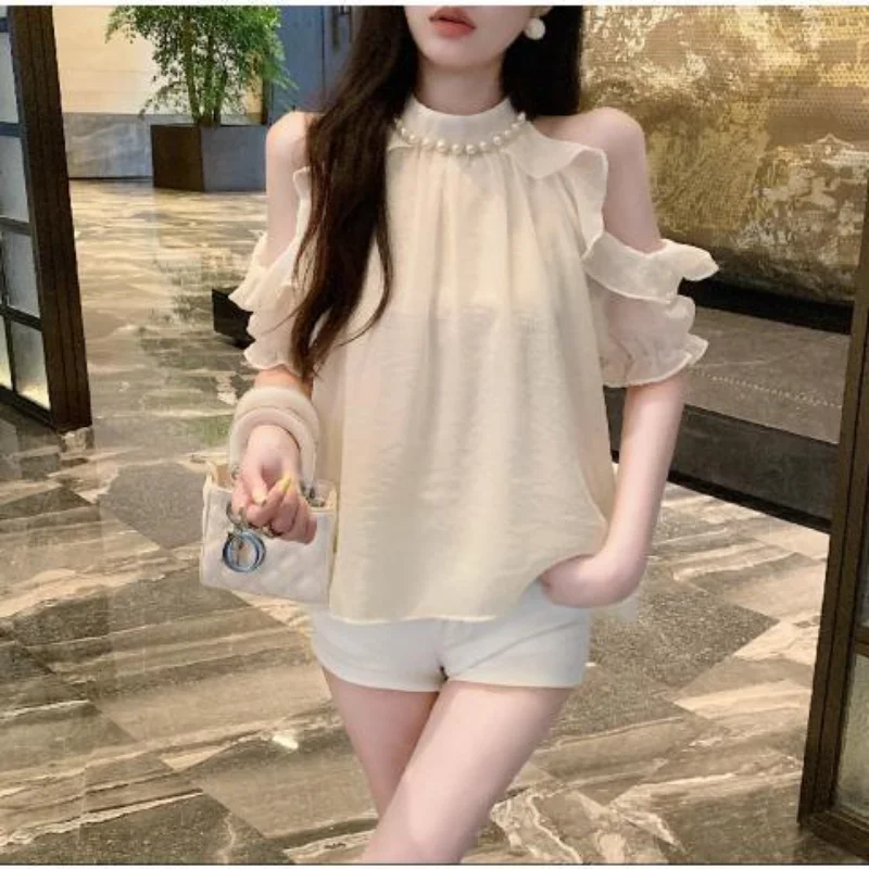 Summer New Commuter Casual Women\'s Clothing Fashion Ruffle Edge Simplicity Solid Color Round Neck Short Sleeve Pullover Shirt