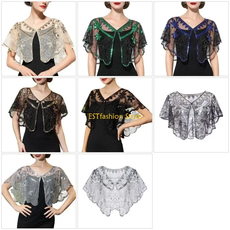 Y5GC Beadwork Sequined Women Shawl Wrap Flower Pattern Seethrough Shoulder Cover